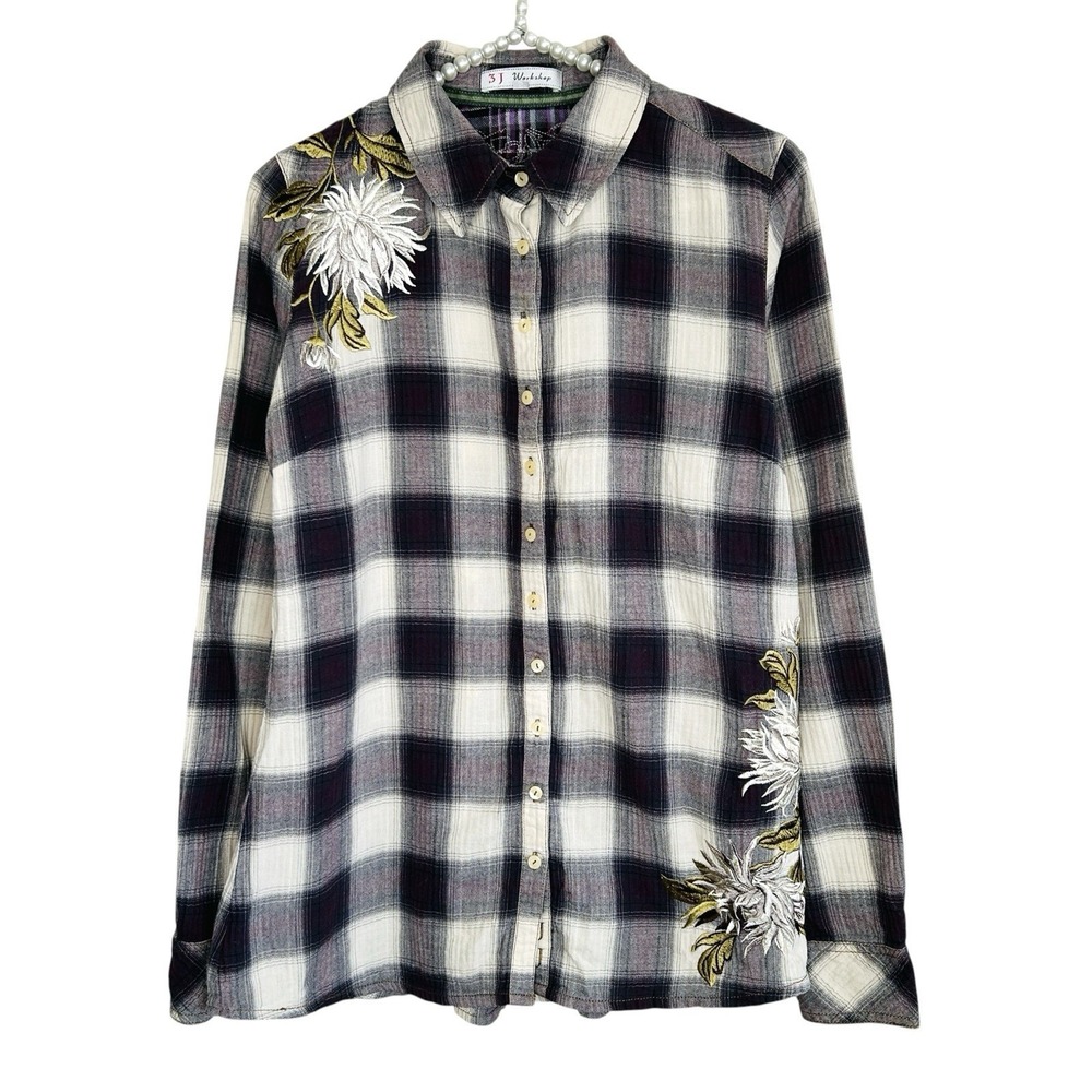 Johnny Was 3J Workshop Boho Plaid Shirt Small Western Embroidered Floral Cinched